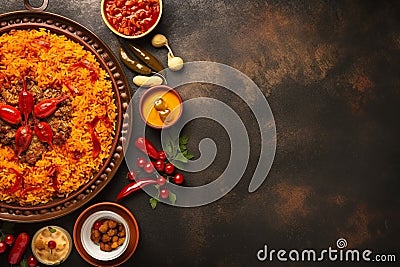 Vibrant Paella Showcase Amidst a Bustling Spanish Marketplace Stock Photo