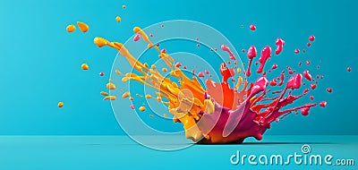 Vibrant Paint Splash A Dynamic Display of Color Exploding Against a Bright Blue Stock Photo