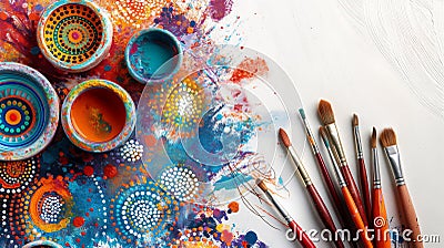 Vibrant paint splashes with colorful bowls and brushes, embodying creativity and the art process Cartoon Illustration