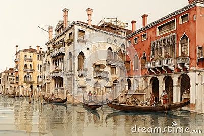 A vibrant painting capturing the essence of Venice, Italy, featuring a gondola peacefully gliding through the picturesque canals, Stock Photo