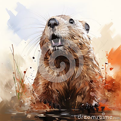 Brown Burrowing Groundhog Painting Textured Splashes And Hyper-detailed Rendering Cartoon Illustration