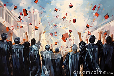 A vibrant painting capturing the joyous moment of graduates throwing their caps up in celebration, Group of friends gathering to Stock Photo