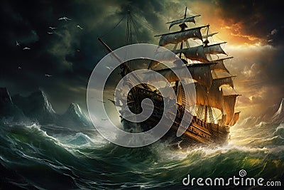 Vibrant painting depicting a pirate ship navigating treacherous waves during a tempestuous storm, A pirate ship sailing in rough Stock Photo
