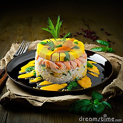 Island Delight. Rice and Salmon with Mango Stock Photo