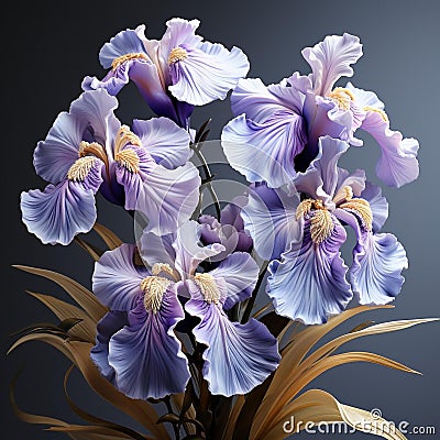 Vibrant painting featuring purple iris flowers, AI-generated. Stock Photo