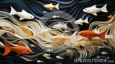 A vibrant painting of fish swimming in a wave Stock Photo