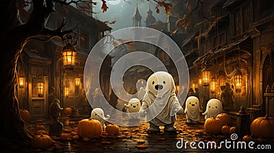 A vibrant painting of halloween ghosts frolicking in the street Stock Photo