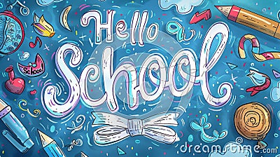 Vibrant Painting of Hello School Sign Among Colorful Objects Stock Photo