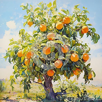 Vibrant painting of a peach tree with ripe fruit. AI-generated. Stock Photo