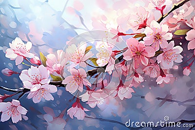 A vibrant painting of pink flowers on a branch, capturing the beauty and delicacy of nature, Sakura, Cherry blossom, Spring Stock Photo