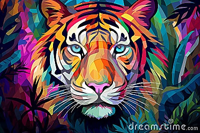 A vibrant painting of a tiger in its natural habitat, the jungle Cartoon Illustration