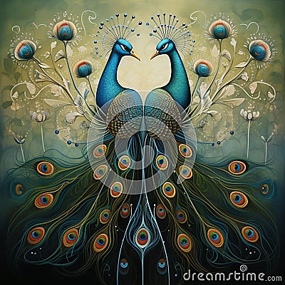 Vibrant painting of two peacocks in a romantic embrace, AI-generated. Stock Photo