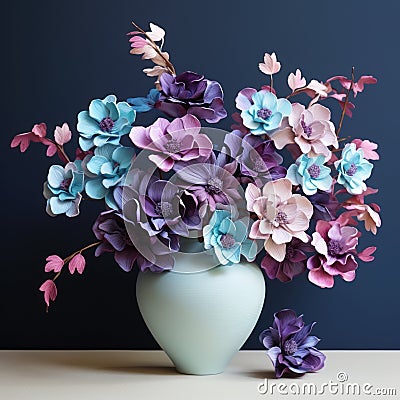 Vibrant Paper Flower Vase: Dark Purple, Light Cyan, And Bold Chromaticity Stock Photo