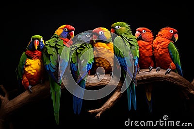Vibrant Parrot Ensemble: A Captivating Display of Colors and Harmony Stock Photo