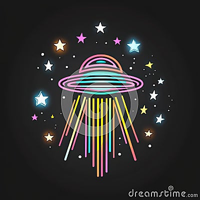 Vibrant pastel neon tubes twist and turn, adorned with whimsical stars and a UFO, all set against a striking black backdrop Stock Photo