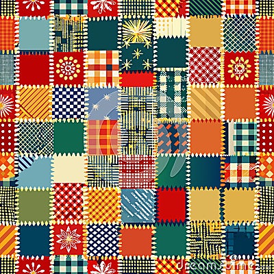 A vibrant patchwork of various patterns fills the frame, creating a quilt-like design Stock Photo