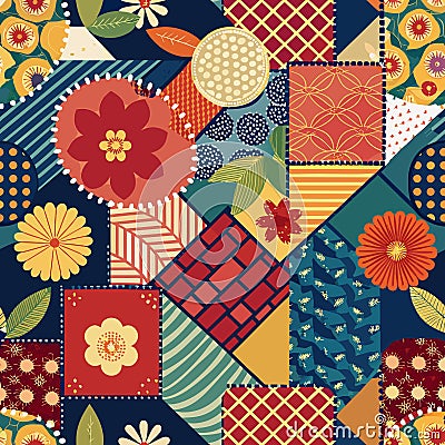 A vibrant patchwork of various patterns fills the frame, creating a quilt-like design Stock Photo
