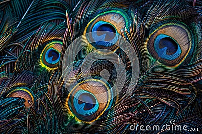 Vibrant Peacock Feathers Texture in High-Resolution Detail Stock Photo