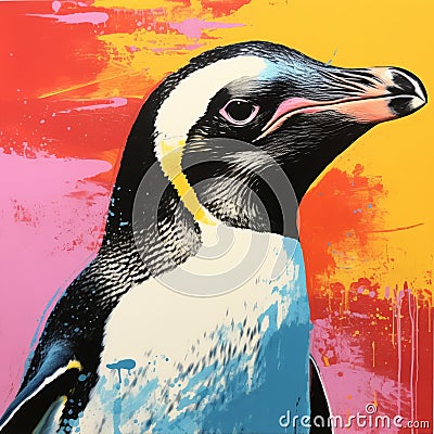 Vibrant Penguin Painting In The Style Of Kodak Ultramax Stock Photo