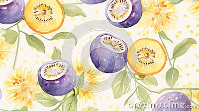 Vibrant Watercolor Floral Illustrations With Purple Fruits And Leaves Cartoon Illustration