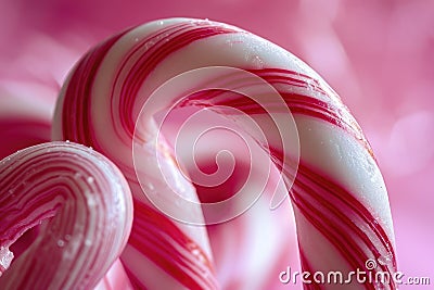A vibrant photo showcasing two candy canes up close against a pink background, A close-up of a candy cane, AI Generated Stock Photo