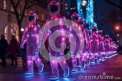 Vibrant Pink and Blue LED Figures Parading Through Urban Night Setting Stock Photo
