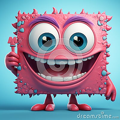 A vibrant pink cartoon monster with a trident, smiling on a blue background Stock Photo