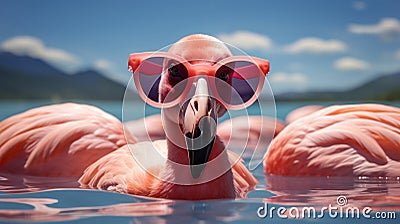 Vibrant pink flamingo with sunglasses floating in a pool, epitomising summer vacation vibes and tropical relaxation Stock Photo