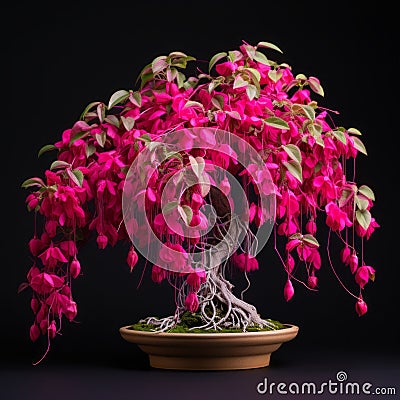 Vibrant Pink Fuchsia Bonsai With Detailed Petals - Vignette Style Stock Photo