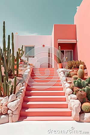 Vibrant pink house with cacti on stairs. Generative AI Stock Photo