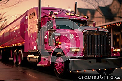 Vibrant pink semi truck with heart decorations illuminates a city street at twilight, creating a romantic road scene. Stock Photo