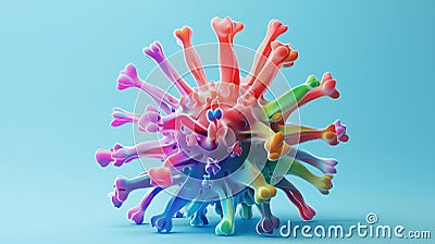 Colorful Abstract Shape Symbolizing Unity and Diversity with Playful Bone-Like Forms Against a Calm Blue Background Stock Photo