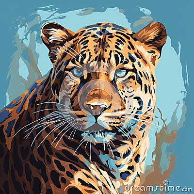 Leopard Painting On Blue Canvas: Simplistic Vector Art With Strong Facial Expression Stock Photo