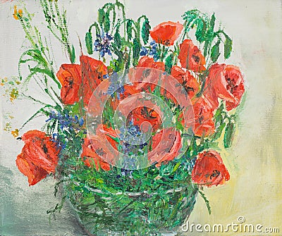 Vibrant poppies bouquet in vase, oil painting Stock Photo