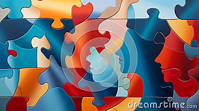 Vibrant puzzle pieces fitting together, representation of mental health advocacy. Generative AI Stock Photo