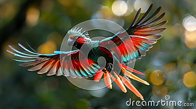 Vibrant quetzal soars through lush green Costa Rican rainforest, its emerald plumage and scarlet underparts Stock Photo