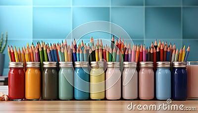 A vibrant rainbow of colors arranged on a wooden table generated by AI Stock Photo