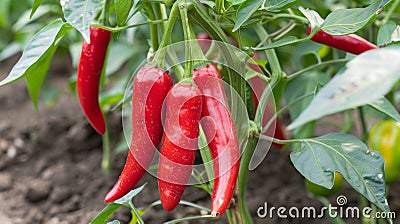 Vibrant red chilli peppers maturing in lush greenhouse, displaying glossy and crisp appearance Stock Photo