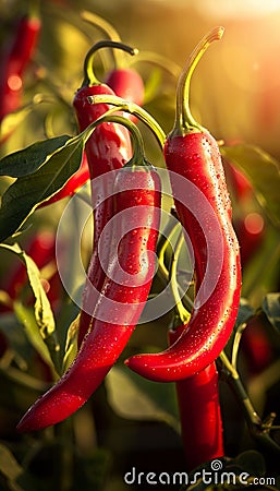 Vibrant red chilli peppers ripening in a healthy greenhouse environment, glossy and crisp Stock Photo