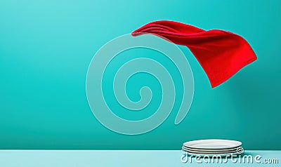 A red cloth appears to float above a pristine stack of plates against a turquoise backdrop. Stock Photo