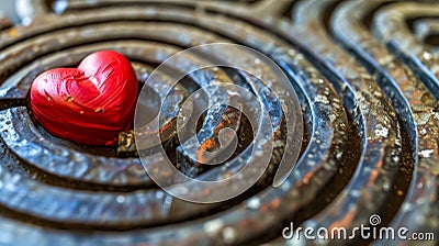 Red heart on spiraling metal background Stock Photo