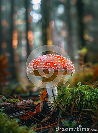 Vibrant red mushroom in a misty forest Stock Photo