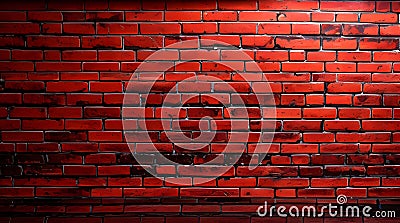 Vibrant red neon lights effect illuminating row brick wall Stock Photo