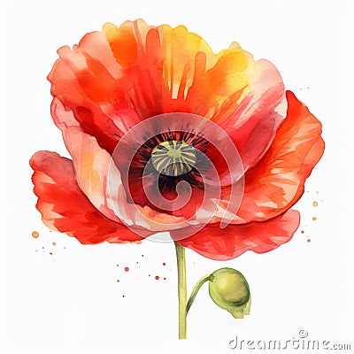 Vibrant Red Poppy Watercolor Painting: Realistic Illustrations With Contoured Shading Cartoon Illustration