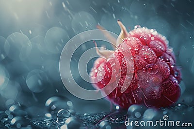 A vibrant, red raspberry, glistening with fresh dewdrops Stock Photo