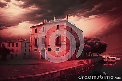 Vibrant Red Sky Over Alghero: Perfect for Travel Posters and Web Design. Stock Photo