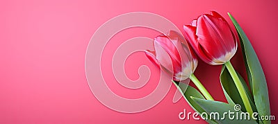 Vibrant red tulips on the right side with copy space against a beautiful pink isolated background Stock Photo