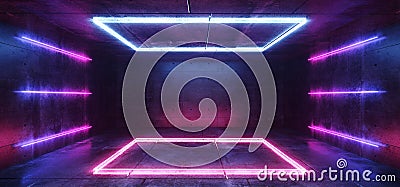 Vibrant Retro Neon Glowing Purple Blue Fluorescent Futuristic Sci Fi Rectangle Shaped Abstract Stage Lights Dance Room Empty Stock Photo