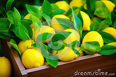 Vibrant Ripe Lemons in Wooden Crate. Stock Photo