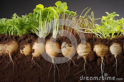 Vibrant root vegetables with lush tops growing in rich soil, side view cross section Stock Photo